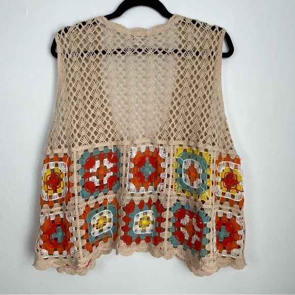 Cato Tan Floral Crochet Vest Women’s Plus Sz 18/20 Granny Square Hippie 70’s - Picture 3 of 12